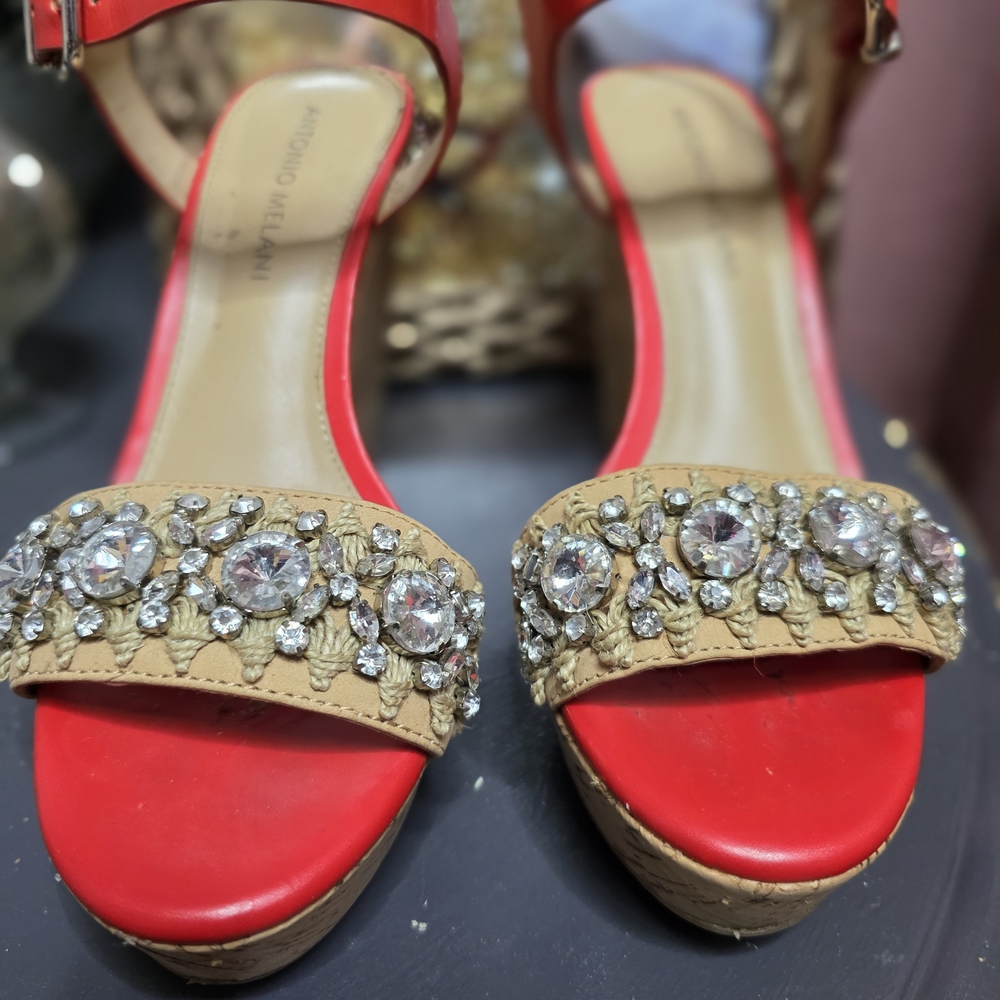 ANTONIO MELANI Red and Tan Crystal Sandals